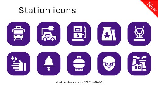  station icon set. 10 filled station icons. Simple modern icons about  - Train, Electric car, Gas station, Nuclear plant, Antenna, Wash, Bell, Gas, Alien