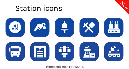 station icon set. 10 filled station icons.  Collection Of - Controller, Gas station, Bell, Mine, Factory, Bus, Gym Nuclear plant, Satellite dish