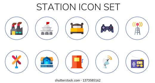 station icon set. 10 flat station icons.  Collection Of - industry, railroad, government, train station, bed, fuel game controller, antenna, radio antenna, radio