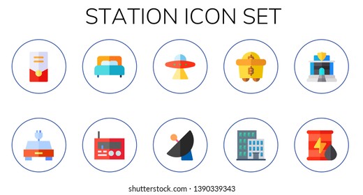 station icon set. 10 flat station icons.  Collection Of - tower, electric car, bed, radio, aliens, satellite dish, mining, building, police, oil
