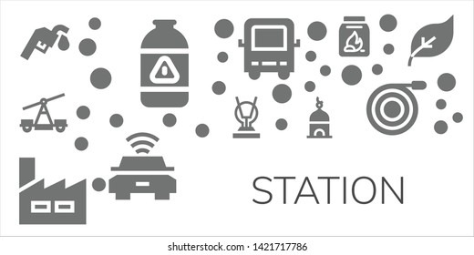 station icon set. 11 filled station icons.  Collection Of - Gas station, Gas, Train, Antenna, Factory, Tower, Bus, Electric car, Coal, Hose, Green energy