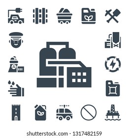 station icon set. 17 filled station icons.  Collection Of - Electric car, Police, Nuclear plant, Factory, Wash, Reservoir, Energy, Fuel, Tower, Railway, Wagon, Gasoline, Forbbiden