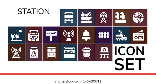 station icon set. 19 filled station icons.  Collection Of - Bus, Satellite dish, Tower, Coal, Train, Radio, Space capsule, War, Signal, Bell, Railway, Factory, Antenna, Geothermal