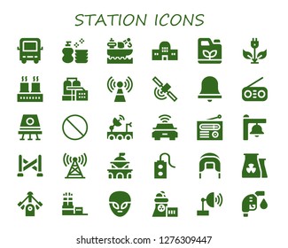  station icon set. 30 filled station icons. Simple modern icons about  - Bus, Wash, Factory, Train station, Gasoline, Green energy, Signal, Alarm bell, Radio, Space capsule, Forbbiden