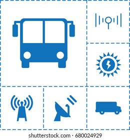 Station icon. set of 6 station filled and outline icons such as airport bus, satellite, sun battery, transmitter, signal