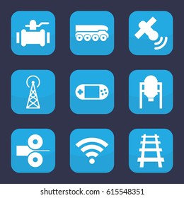 Station icon. set of 9 filled station icons such as tank, signal tower, pump, railway, portable console, wi-fi, satellite, paper press