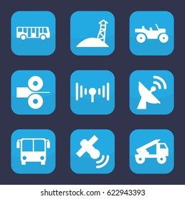 Station icon. set of 9 filled station icons such as airport bus, signal, satellite, paper press, truck rocket, weapon truck