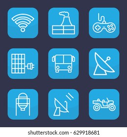 Station icon. set of 9 outline station icons such as satellite, airport bus, tank, factory, joystick, wi-fi, solar panel