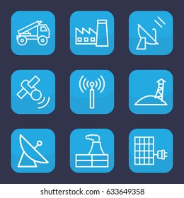 Station icon. set of 9 outline station icons such as signal tower, satellite, factory, solar panel, truck rocket