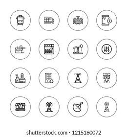 Station icon set. collection of 16 outline station icons with antenna, building, buildings, broadcast, controller, factory, fuel, oil pump, police, satellite dish icons.