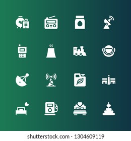 station icon set. Collection of 16 filled station icons included Tower, Bed, Gas station, Tate modern, Fuel, Antenna, Satellite dish, Astronaut, Train, Nuclear plant, Radio, Coal