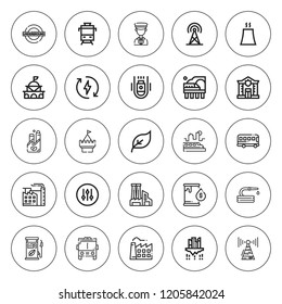Station icon set. collection of 25 outline station icons with antenna, building, broadcast, bus, controller, eco energy, factory, fuel, green energy icons. editable icons.