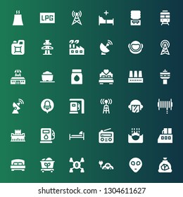 station icon set. Collection of 36 filled station icons included Coal, Alien, Electric car, Mining, Bed, Factory, Submerge, Radio, Gas station, Alhambra, Hose, Police, Radio antenna