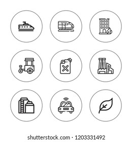 Station icon set. collection of 9 outline station icons with building, green energy, factory, jerrycan, tank, train icons. editable icons.