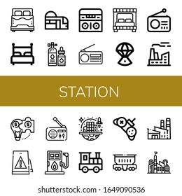 conjunto de iconos de la estación. Colección de los iconos de la cama, metro, lubricante, radio, cápsula espacial, fábrica, solución híbrida, señalización, combustible, colonización espacial, ferrocarril, controlador, vagón de mercancías