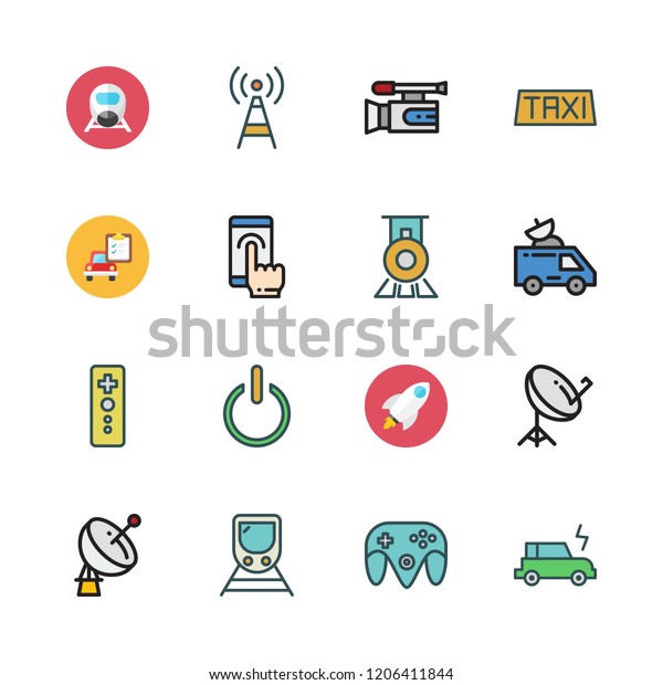 station icon set. vector set about\
electric car, game controller, antenna and train icons\
set.
