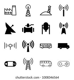 Station icons. set of 16 editable filled and outline station icons such as tank, signal tower, satellite, pump, bus, portable console, airport bus, factory, transmitter