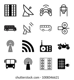Station icons. set of 16 editable filled and outline station icons such as airport bus, radio, signal, wi-fi, solar panel, weapon truck, tank, satellite, joystick, paper press