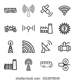 Station icons. set of 16 editable outline station icons such as signal tower, airport bus, factory, pump, wi-fi, signal, satellite, sun battery, paper press