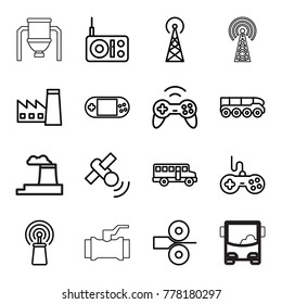 Station icons. set of 16 editable outline station icons such as signal tower, factory, joystick, bus, radio, signal, portable console, satellite, paper press, weapon truck