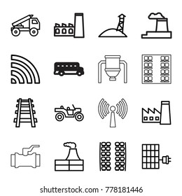 Station icons. set of 16 editable outline station icons such as plane seats, factory, railway, wi-fi, solar panel, truck rocket, weapon truck, observation military tower, tank