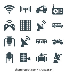 Station icons. set of 16 editable filled station icons such as tank, airport bus, pump, radio, signal, wi-fi, satellite, joystick, solar panel, truck rocket, weapon truck