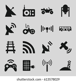 Station icons set. set of 16 station filled icons such as tank, signal tower, satellite, airport bus, joystick, railway, wi-fi, signal, solar panel, weapon truck
