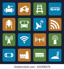 Station icons set. set of 16 station filled icons such as tank, airport bus, factory, pump, railway, signal, portable console, wi-fi, satellite, truck rocket, weapon truck