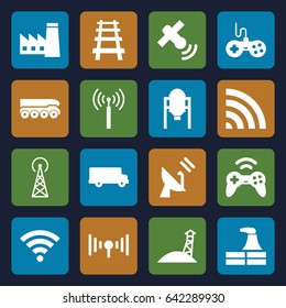 Station icons set. set of 16 station filled icons such as tank, signal tower, factory, joystick, railway, wi-fi, signal, satellite, weapon truck, observation military tower