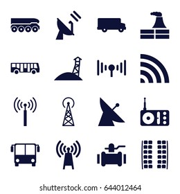 Station icons set. set of 16 station filled icons such as signal tower, satellite, airport bus, plane seats, factory, pump, radio, wi-fi, signal, weapon truck