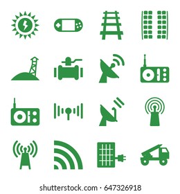 Station icons set. set of 16 station filled icons such as plane seats, pump, railway, radio, signal, portable console, wi-fi, satellite, solar panel, sun battery, truck rocket