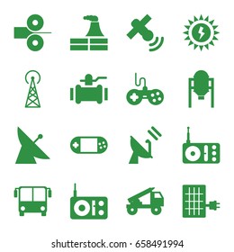 Station icons set. set of 16 station filled icons such as tank, signal tower, satellite, airport bus, factory, joystick, pump, radio, portable console, solar panel