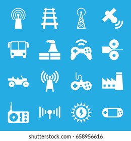 Station icons set. set of 16 station filled icons such as signal tower, airport bus, factory, joystick, railway, radio, signal, portable console, satellite, sun battery