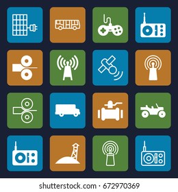 Station icons set. set of 16 station filled and outline icons such as joystick, pump, radio, signal, paper press, weapon truck, observation military tower, transmitter