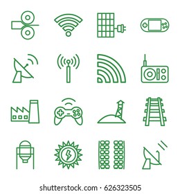 Station icons set. set of 16 station outline icons such as signal tower, plane seats, tank, factory, railway, portable console, wi-fi, satellite, joystick, solar panel