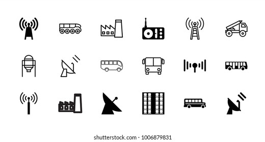 Station icons. set of 18 editable filled and outline station icons: signal tower, satellite, airport bus, transmitter, radio, signal, tank, factory, truck rocket, weapon truck