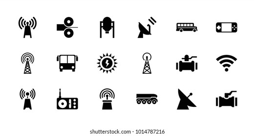 Station icons. set of 18 editable filled station icons: tank, signal tower, satellite, airport bus, pump, transmitter, radio, wi-fi, sun battery, paper press, weapon truck
