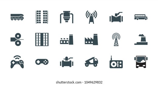 Station icons. set of 18 editable filled station icons: plane seats, factory, pump, transmitter, radio, joystick, paper press, truck rocket, weapon truck, tank, signal tower