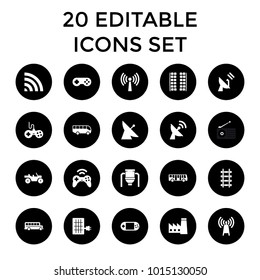 Station icons. set of 20 editable filled station icons such as satellite, airport bus, plane seats, factory, joystick. best quality station elements in trendy style.