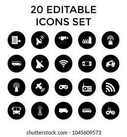 Station icons. set of 20 editable filled station icons such as signal tower, satellite, airport bus, joystick, bus, radio. best quality station elements in trendy style.