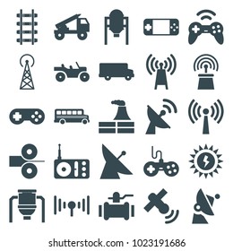 Station icons. set of 25 editable filled station icons such as tank, signal tower, satellite, factory, joystick, pump, bus, transmitter, radio, signal, sun battery