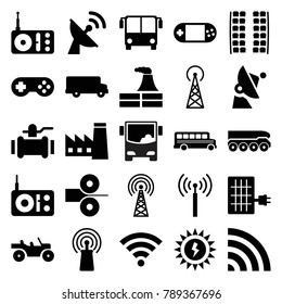Station icons. set of 25 editable filled station icons such as signal tower, airport bus, plane seats, factory, pump, bus, radio, signal, portable console, wi-fi, satellite