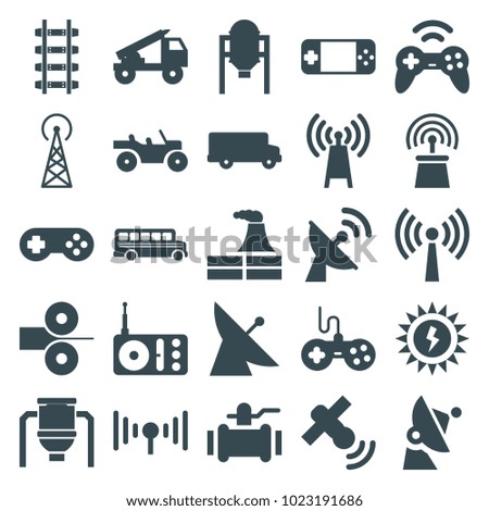 Station icons. set of 25 editable filled station icons such as tank, signal tower, satellite, factory, joystick, pump, bus, transmitter, radio, signal, sun battery
