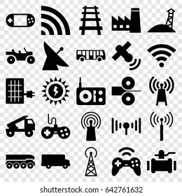 Station icons set. set of 25 station filled icons such as signal tower, satellite, airport bus, factory, joystick, pump, railway, signal, portable console, wi-fi, solar panel