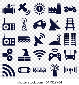 Station icons set. set of 25 station filled icons such as signal tower, satellite, airport bus, plane seats, factory, pump, railway, radio, signal, portable console, wi-fi