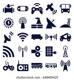 Station icons set. set of 25 station filled icons such as signal tower, satellite, airport bus, factory, joystick, pump, signal, portable console, wi-fi, solar panel