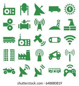 Station icons set. set of 25 station filled icons such as tank, signal tower, satellite, airport bus, plane seats, factory, pump, radio, signal, portable console, wi-fi