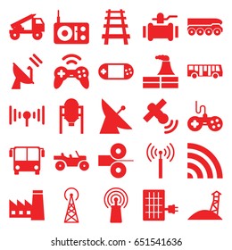 Station icons set. set of 25 station filled icons such as tank, signal tower, satellite, airport bus, factory, joystick, pump, railway, signal, portable console, wi-fi