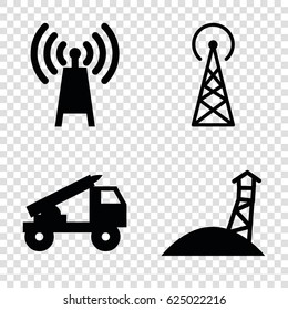 Station icons set. set of 4 station filled icons such as signal tower, truck rocket, observation military tower