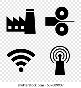 Station icons set. set of 4 station filled icons such as factory, signal, wi-fi